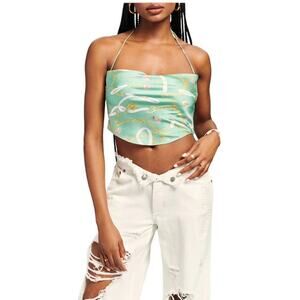 Ser.O.Ya Size Medium NEW Ellison Print Silk Top Green Nautical Halter NWT